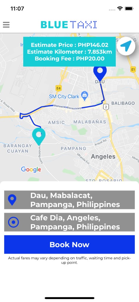 Blue Taxi book ride with route estimate