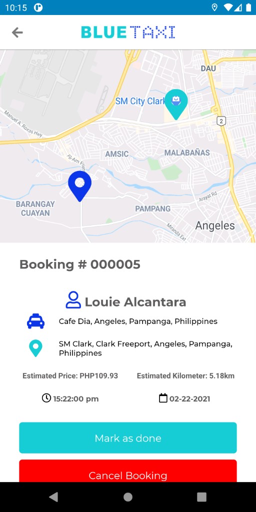Blue Taxi booking details with map