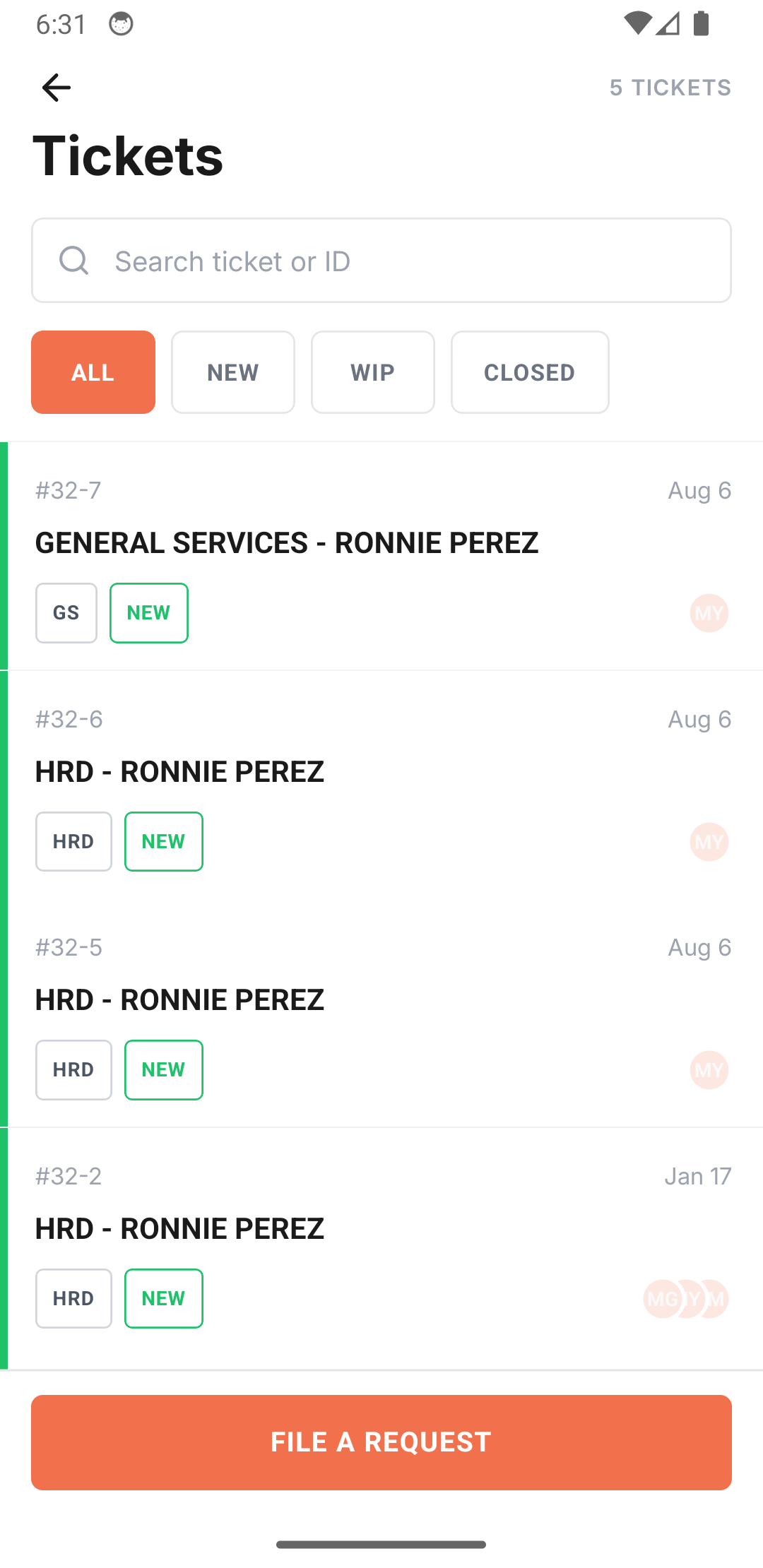Powerserve HR tickets list